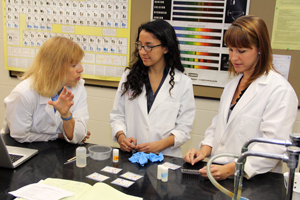 Dr. Toni Barstis, Diana Vega Pantoja '13, and Elizabeth Bajema '11 discuss their paper analytical devices.