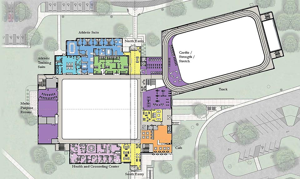 Angela Athletic center building plans for upper level, showing the addition of fitness rooms, offices, cafe, running track, workout areas, health and wellness center, and common areas