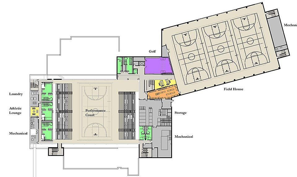 Angela athletic center building plans for lower level, showing the expansion of locker rooms, training rooms, fieldhouse courts, and basketball court