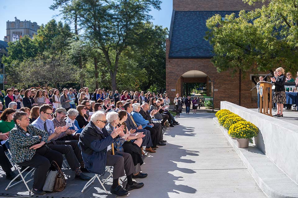 Many gathered on a sunny October day on the green south of the Science Hall to celebrate the dedication of the renovated building