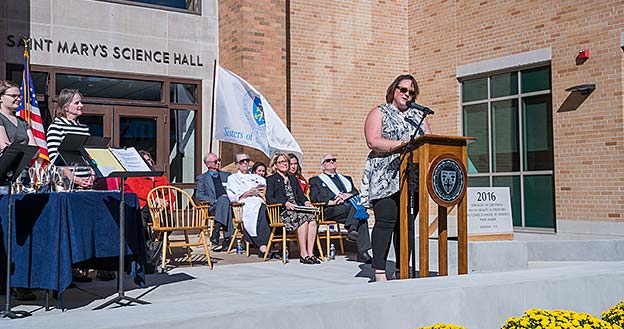 Jennifer Mathile Prikkel addresses the crowd at the Science Hall dedication