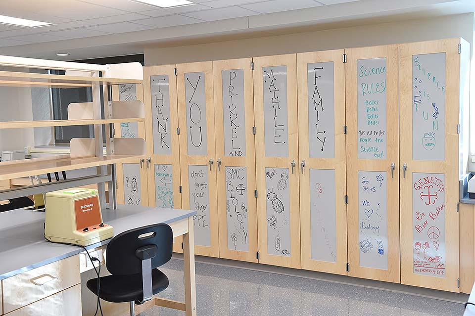 Renovated classroom with thank you notes to the Mathile-Prikkel families writen on the dry erase panels on new lab lockers.