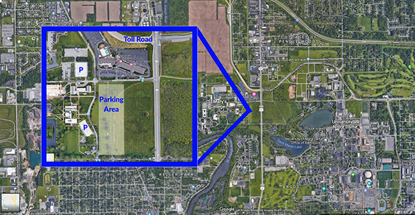 Aerial map of parking locations for Notre Dame football game days.