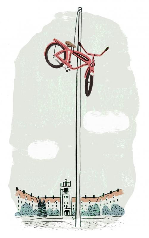 Bike hanging from flagpole