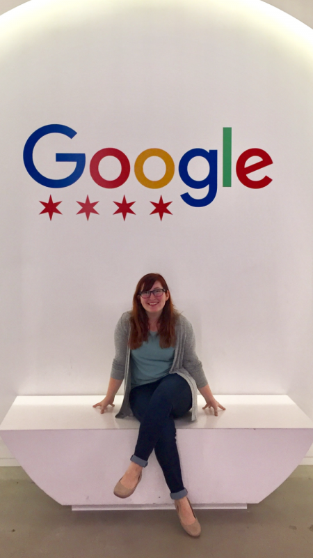 Happy Hale in front of Google sign