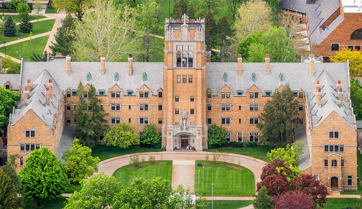 Aerial view of Le Mans Hall on the campus of Saint Mary's College