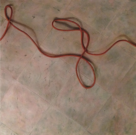 Julie as metaphor - red yarn on ceramic floor