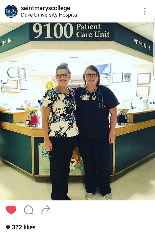 Maranda Pennington '17 and Hannah Karches '14 working together at Duke University Hospital