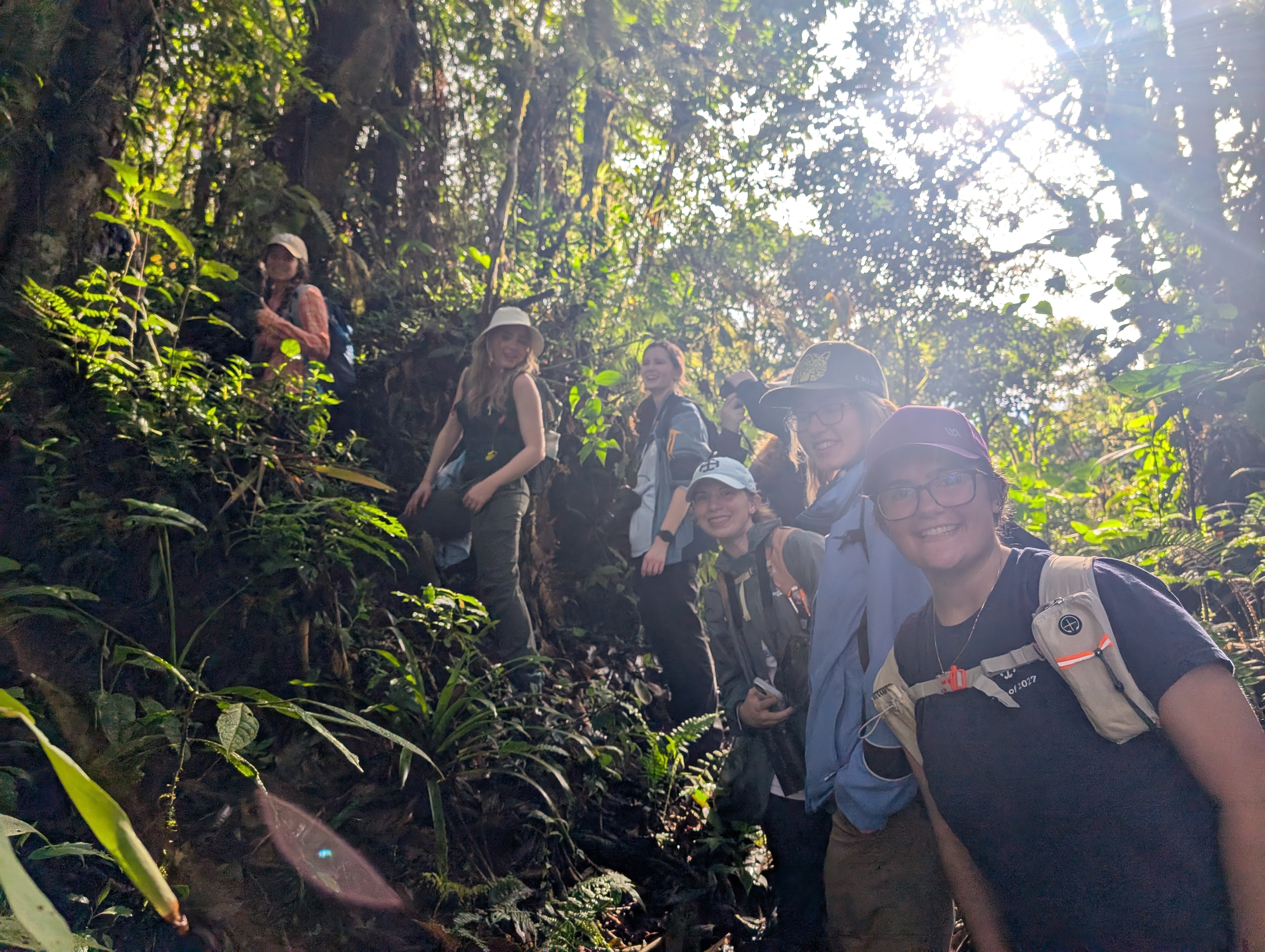 Students hike through the Ecuadorian Amazon rainforest.