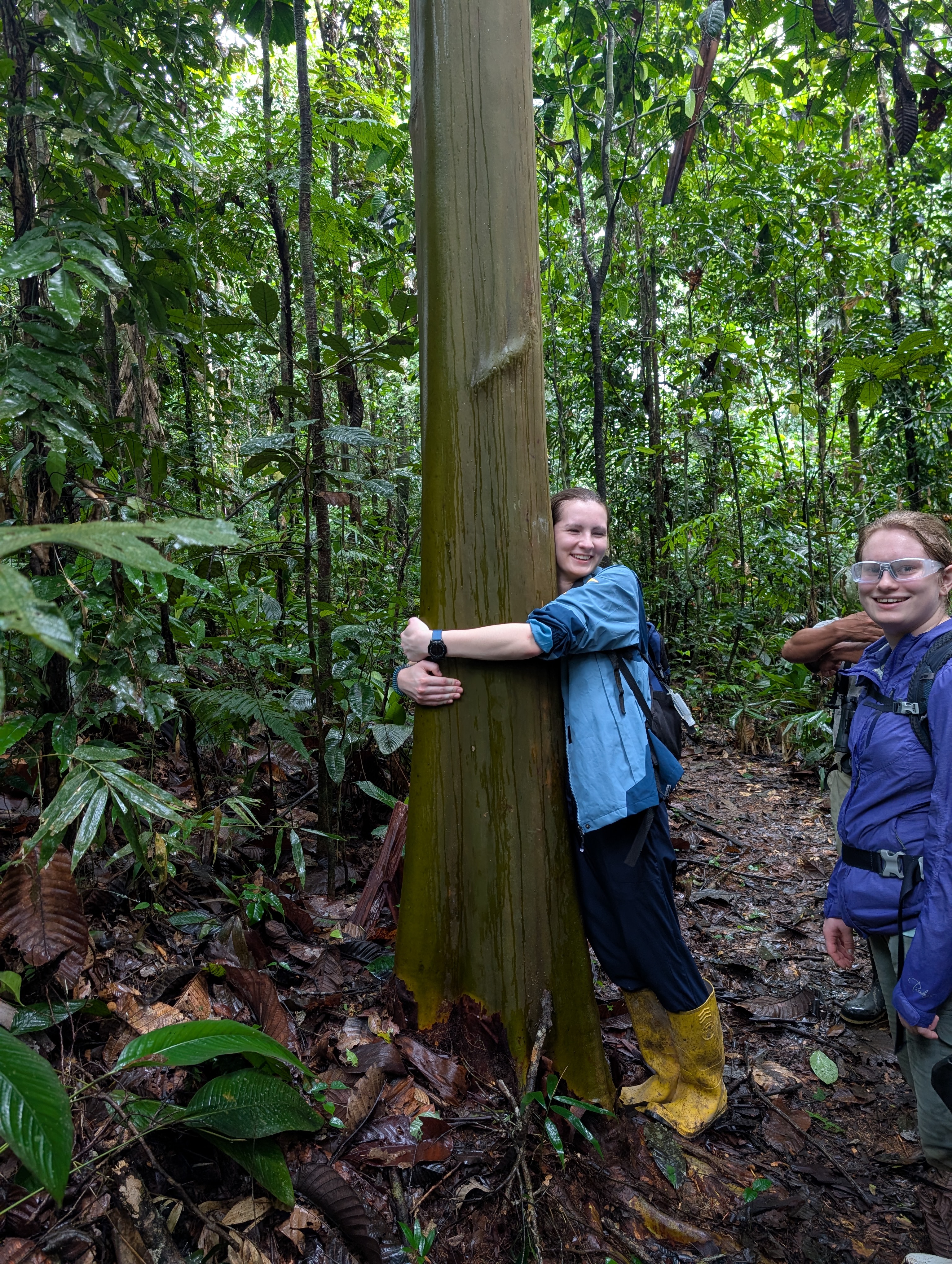 Charlotte Quinn '28 hugs a tree in the Ecuadorian rainforest.