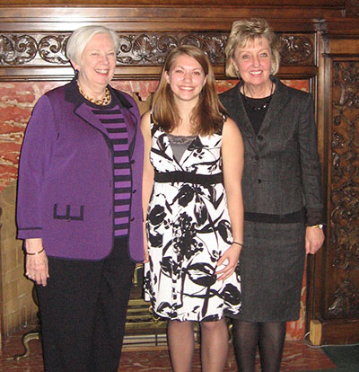 Elizabeth Litke, center, recipient of the Sister Maria Concepta McDermott, CSC Award for Service in Education, pictured with her nominator, Mary Ann Traxler, chair of the Department of Education, right, and Carol Ann Mooney, president of Saint Mary's.