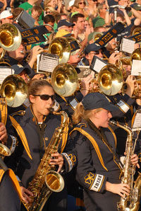 Hagopian playing sax in Notre Dame Marching Band