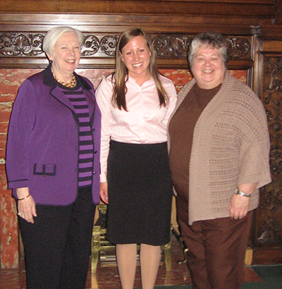 Karah Susnak, center, recipient of the Sister Olivia Marie Hutcheson, CSC Award for Service in the Health Field, pictured with her nominator Ella Harmeyer, associate professor of nursing, left, and Carol Ann Mooney, president of Saint Mary's College.