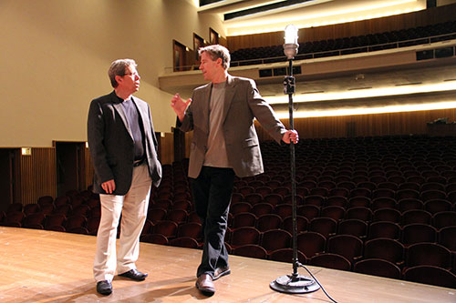 Mark Abram-Copenhaver, left, and Bill Svelmoe say devoting time to South Bend Civic Theatre positively affects performance at their day jobs.