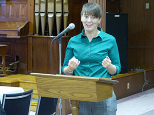 Marne Austin, assistant professor of communication studies at Saint Mary's College, offers some comments at the reception at the convent celebrating the conclusion of the oral history project.