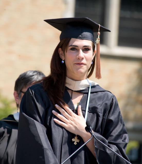 Nicole Gans '12 speaks to her fellow classmates moments after learning at Commencement that she was named the Lumen Christi Award recipient. (May 19, 2012)