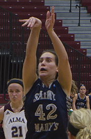 Ariana Paul shoots a free throw in the first half at Alma. (Photo courtesy of  Robert Christe, Alma Assistant SID)