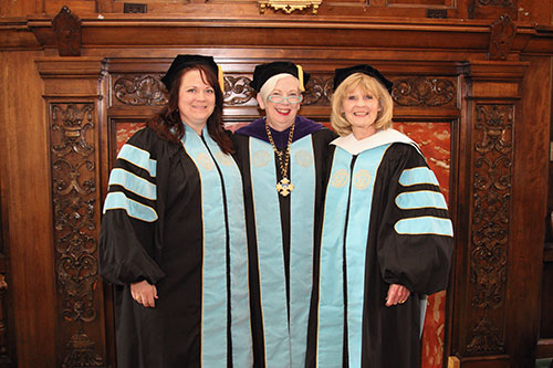 Honorary Doctorate Recipient Jennifer Mathile Prikkel '95, left, is pictured with President Carol Ann Mooney, center, and Prikkel's mother MaryAnne Mathile, a 2006 Honorary Doctorate recipient.