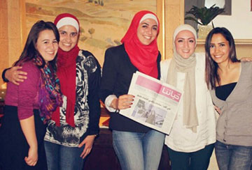 Eleanor Jones '16. left, poses with Maha Alamad, Rahmeh Abu  Shweimeh, Salam Abu Khadra, and Sura Al Mahasis of Jordan who are starting SheCab.