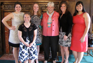 Saint Mary's College President Carol Ann Mooney poses with the 2011 OCSE Service Award Winners. From left  to right are Carla Leal '12, Aileen Hurd '12, Anne  Maguire '11, Claire Yancy '11 and Karen Borja '11.  Christina Losasso ’11 is not pictured.