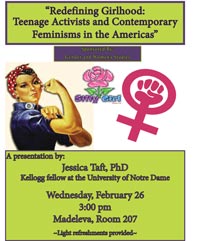 Flyer announcing presentation of teenage activists and contemporary feminists in America presentation 