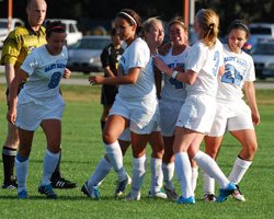 Maddie Meckes, Mollie Valencia, Katelyn Tondo-Steele, Kelly Wilson, Taylor Paton, and Ashley Morfin celebrate the game-winning goal.