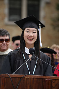 Jingqiu Guan thanks her professors after accepting the Lumen Christi Award, the College's highest student honor.