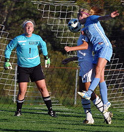 Maggie McLaughlin heads an attempt toward goal at Albion. (Photo by Lowell Mc Ginnis)