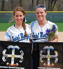 Seniors Nina Vlahiotis (left) and Victoria Connelly were recognized between games on Saturday.