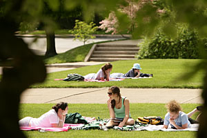 Saint Mary's students study on the lawn.