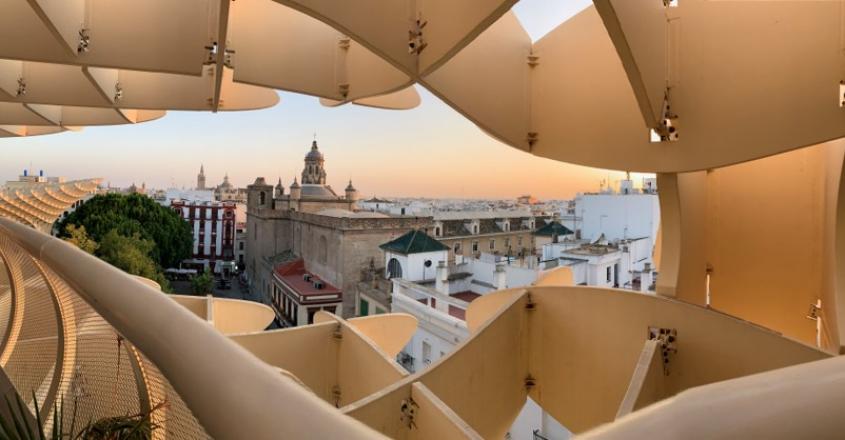 View at top of Las Setas, a wooden structure in the shape of a mushroom that overlooks Seville, Spain.